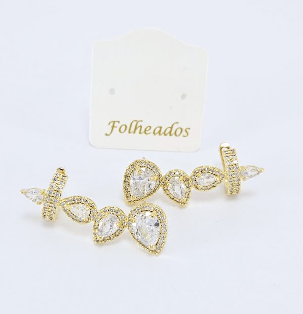 Brinco ear cuff com pedraria formato gota cristal e fio cravejado