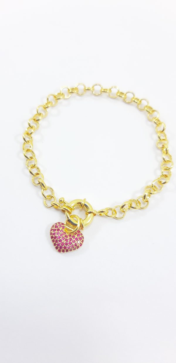 Pulseira elo português e pingente cravejado rosa - Image 3