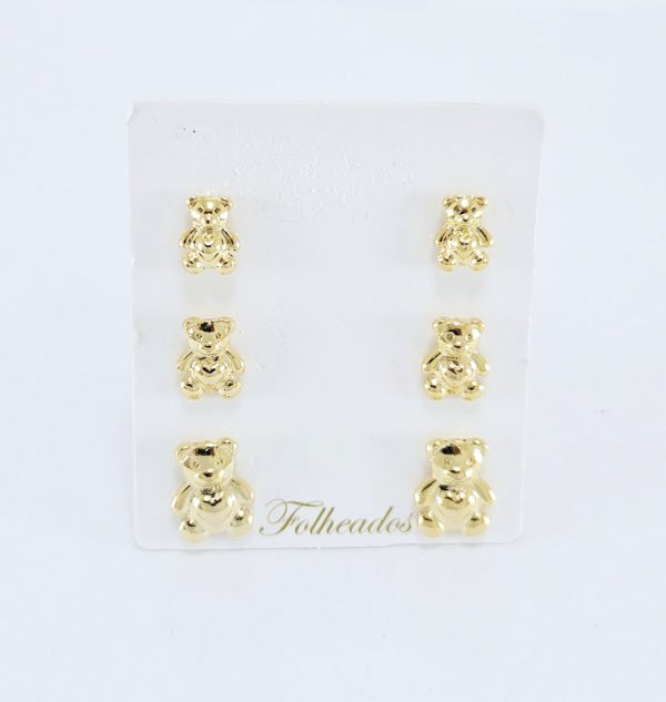 Trio de brincos urso dourado