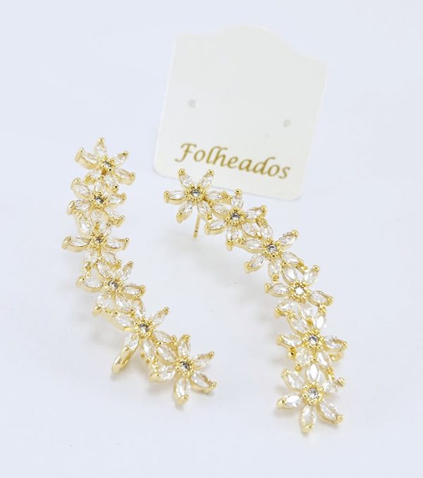 Brinco ear cuff flores com pedras navete cristal