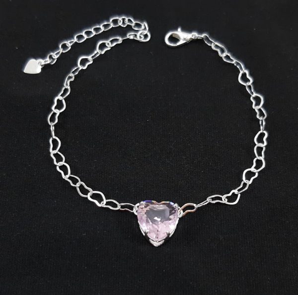 Pulseira elos vazado com pedra formato coração rosa - Image 2