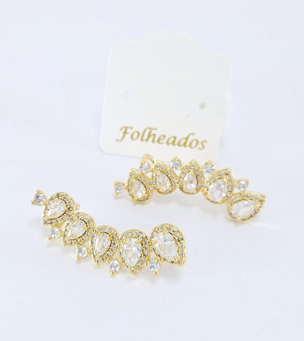 Brinco ear cuff com pedraria formato gota com detalhes cravejado