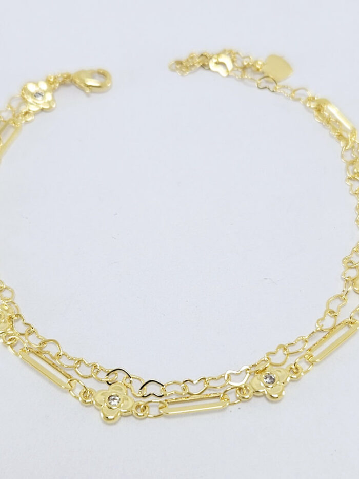 Pulseira dupla elos corações com flor pedra cristal