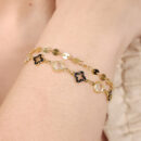 Pulseira dupla elo chapeado trevo preto vazado