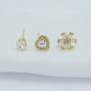 Trio de brincos ponto de luz, coração e flor cristal