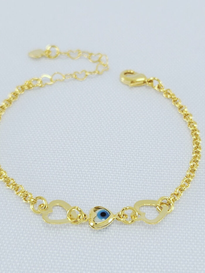 Pulseira infantil coração vazado e olho grego