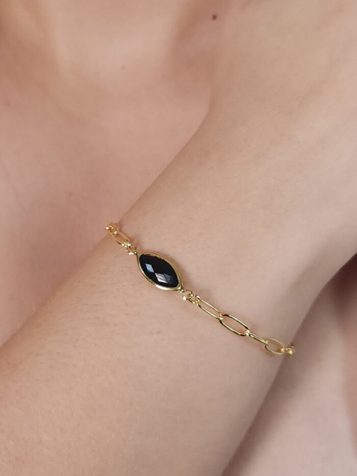 Pulseira elos ovais com pedra navete preto