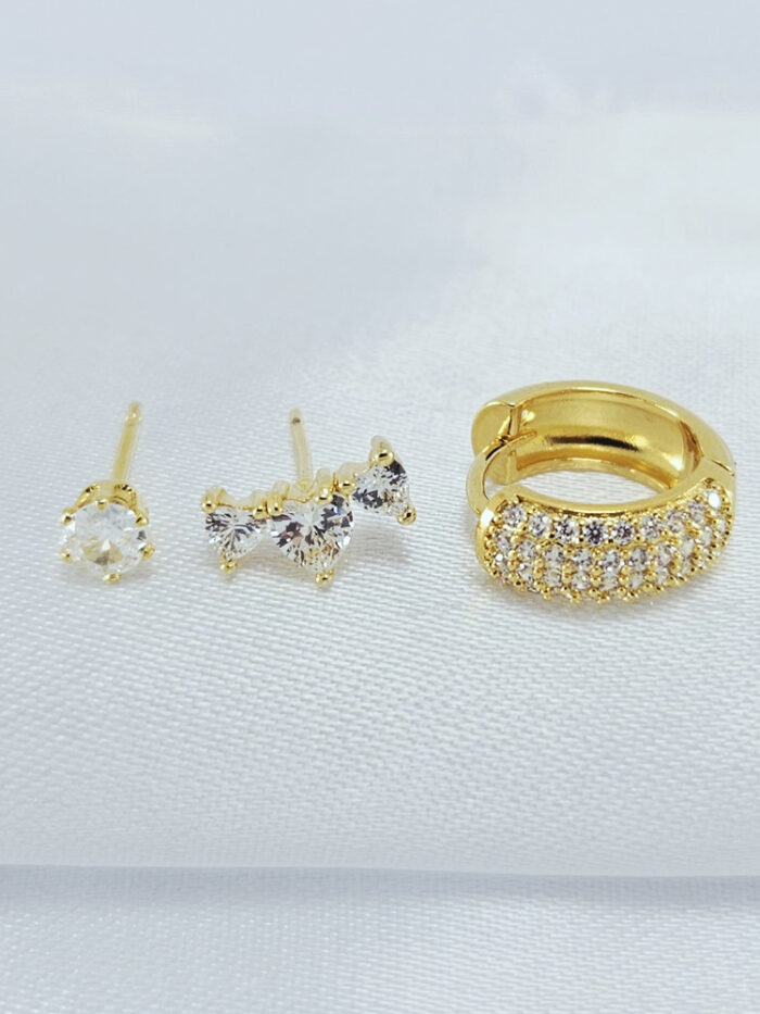 Trio de brincos ponto deluz e argola cravejada