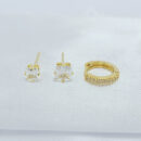 Trio de brincos com pedras quadrado e argolinha cravejado cristal