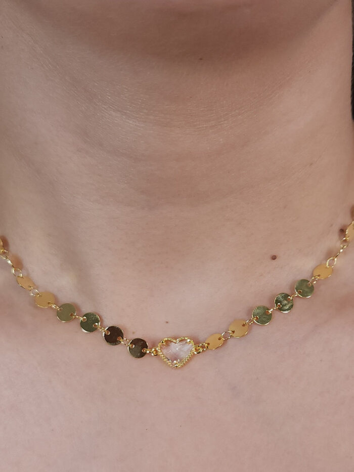 Gargantilha chocker coração cristal elos chapeado