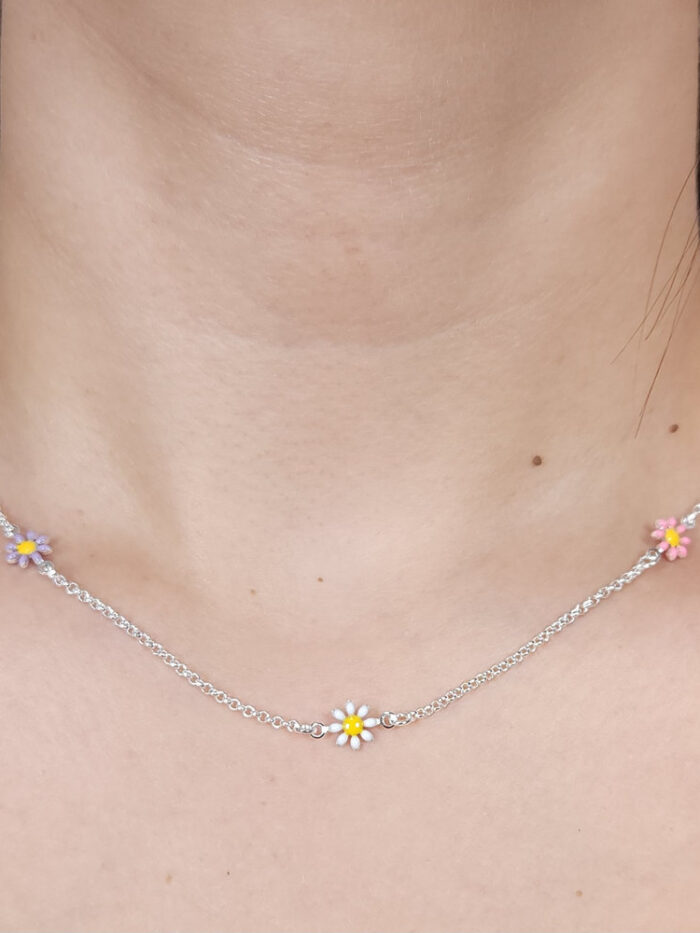 Gargantilha chocker elo português com flores esmaltados coloridas