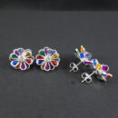 Brinco flor pedras colorida prateado