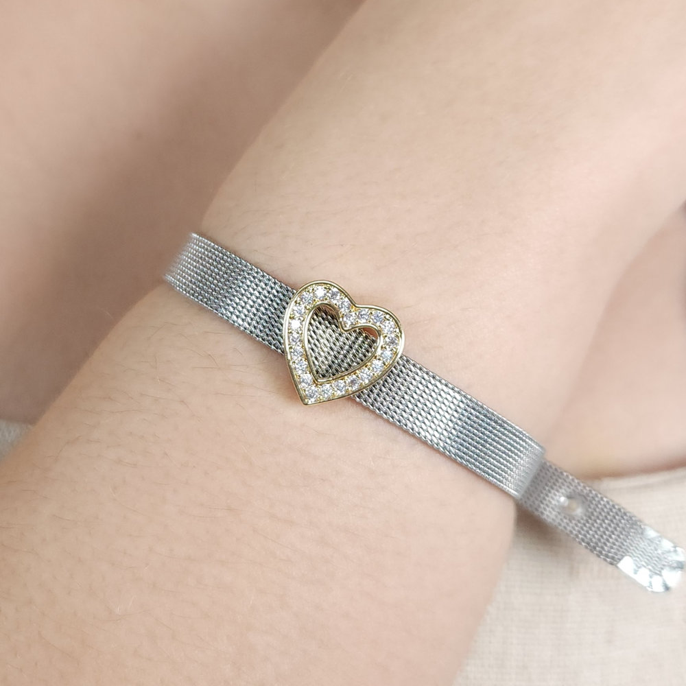 Pulseira estilo relógio coração dourado fio cravejado