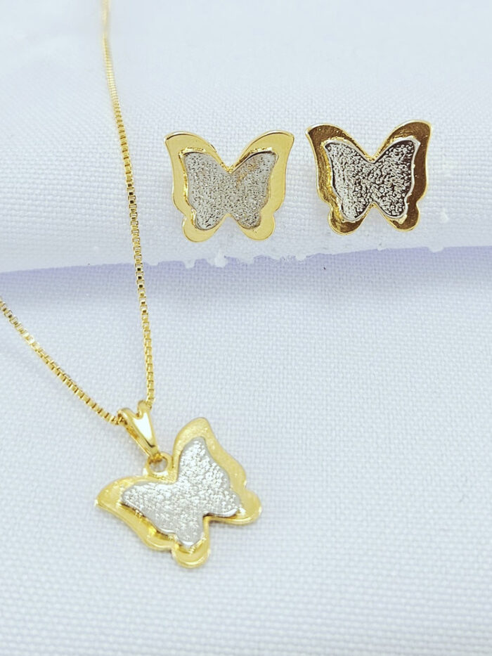 Conjunto borboleta dupla detalhe em ródio