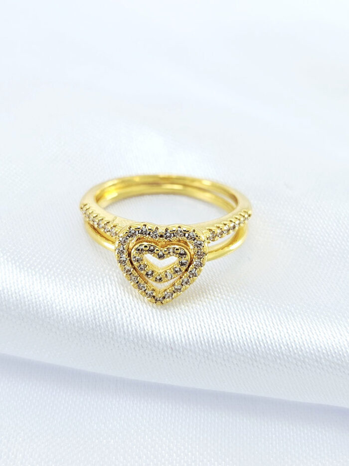 Anel duplos coração cravejado com zircônia
