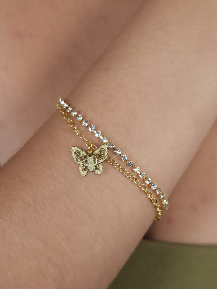 Pulseira dupla fio riviera e elos ovais com borboleta