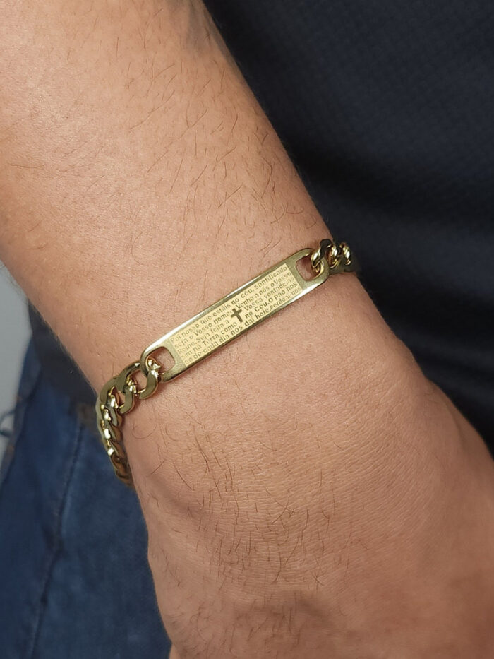 Pulseira masculina elo grumet com placa de pai nosso