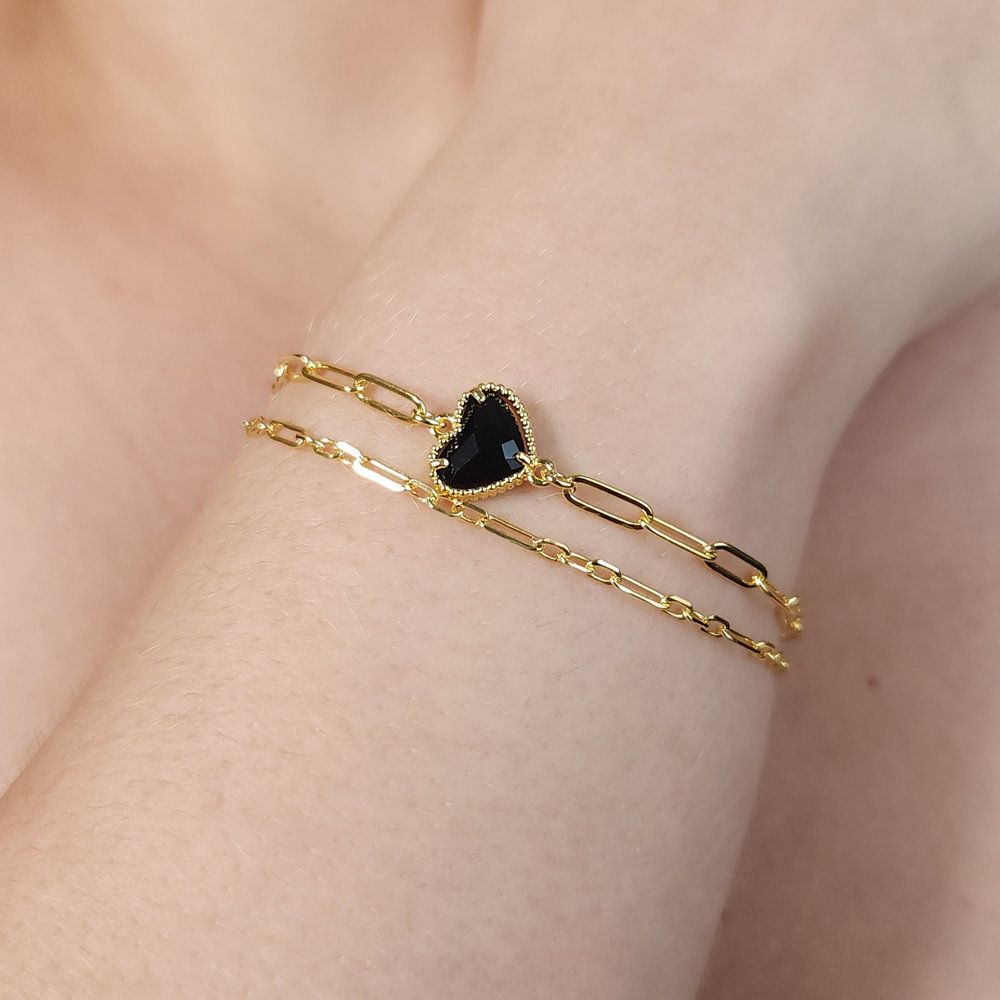 Pulseira dupla elos vazados com coração preto