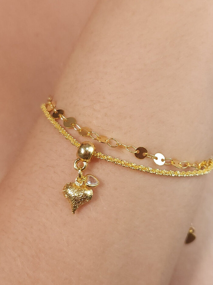 Pulseira dupla elos chapeados com coração fosco e ponto de luz