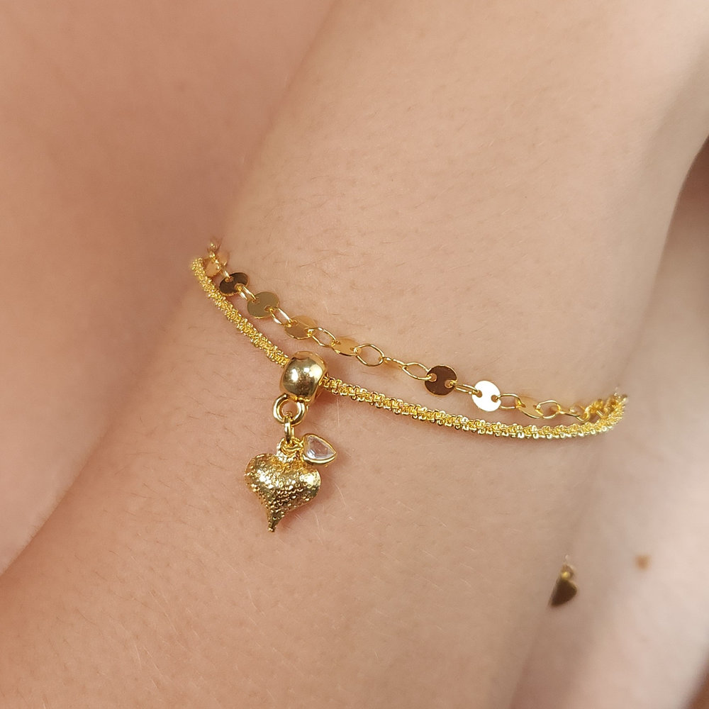 Pulseira dupla elos chapeados com coração fosco e ponto de luz