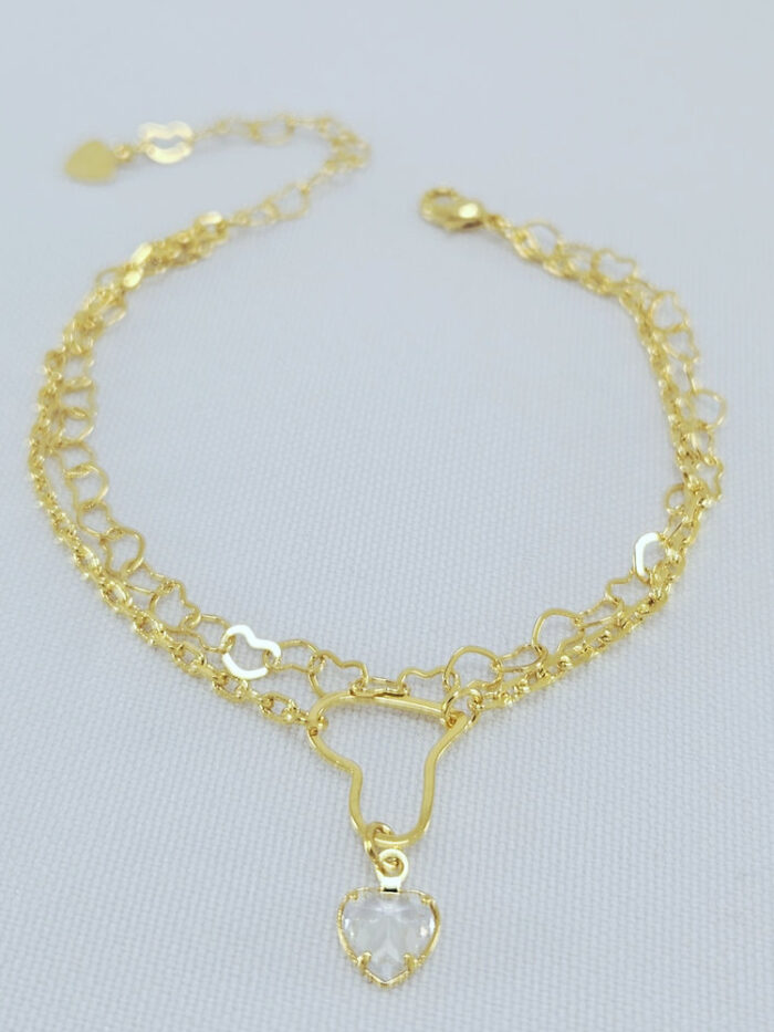 Pulseira dupla com corações vazado e cristal