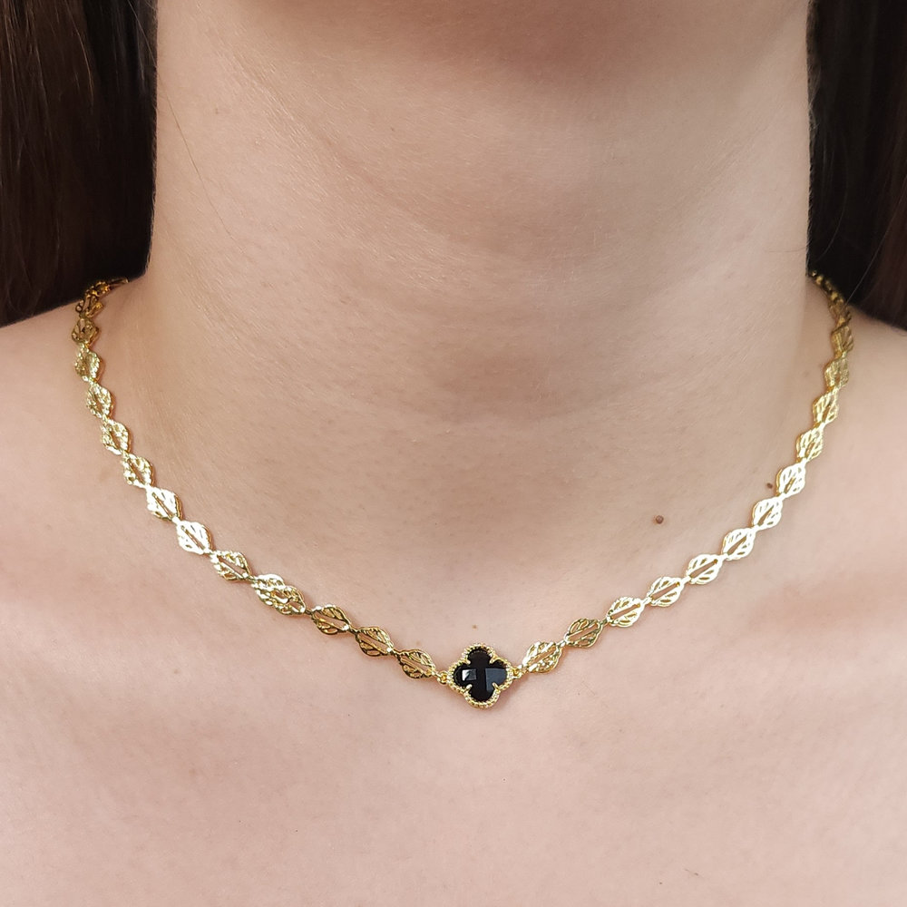 Gargantilha choker elo folhas vazadas com trevo - Imagem 2