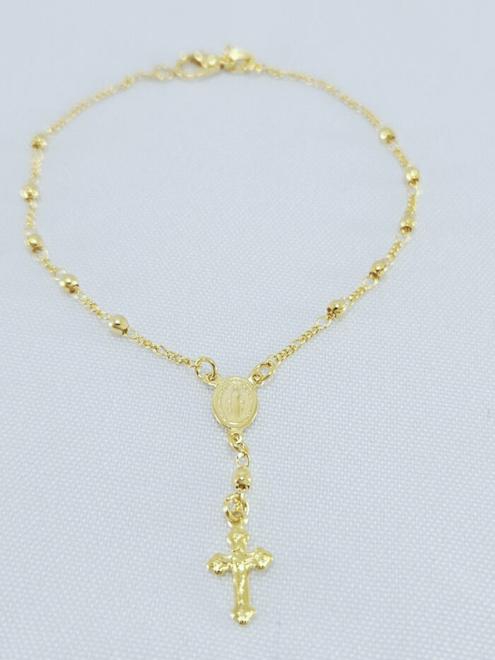 Pulseira terço com bolas douradas