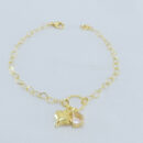 Pulseira elos vazado com pedra rosa e coração pêndulo