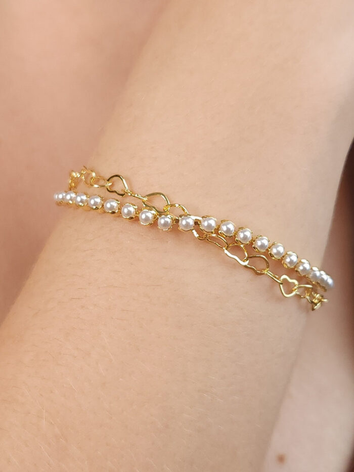 Pulseira dupla Coração vazado e pérola