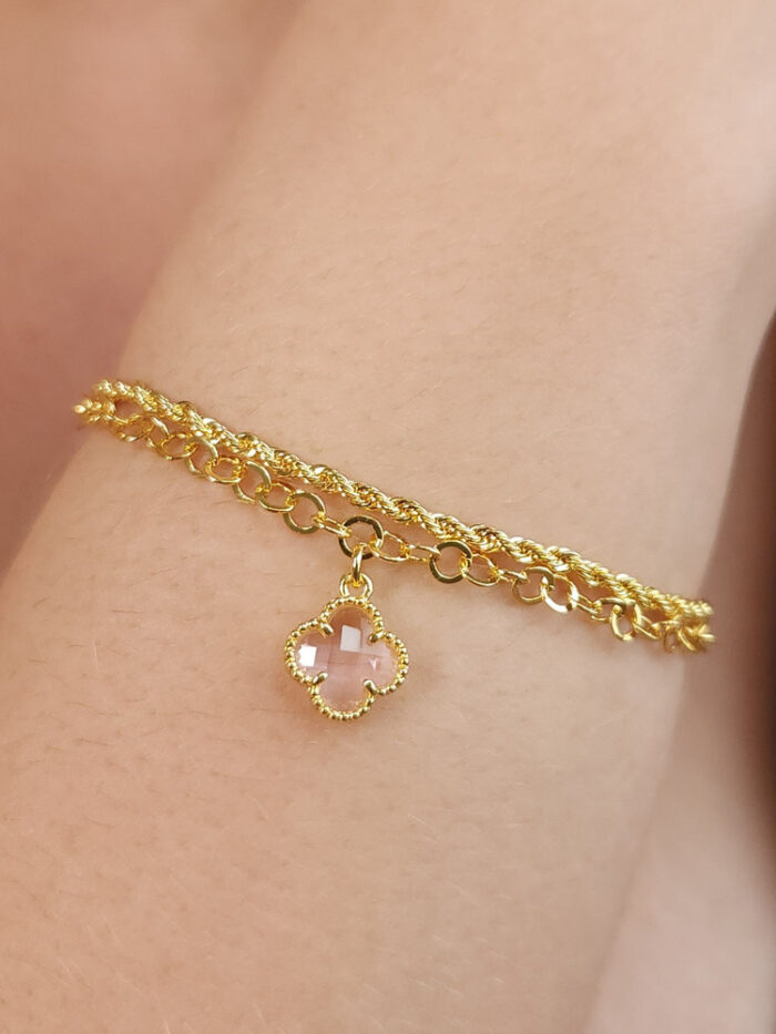 Pulseira dupla elo baiainha com trevo rosa pêndulo