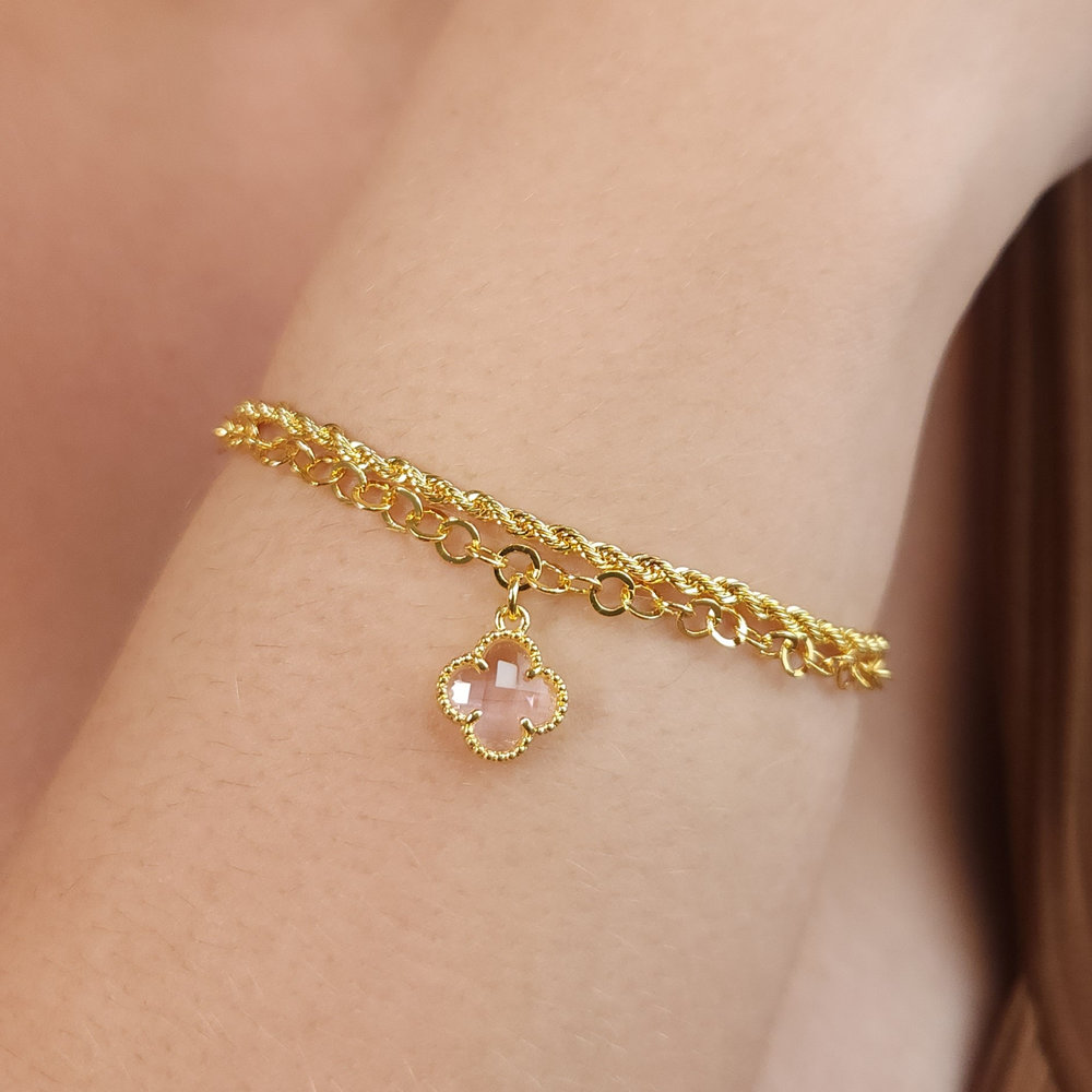 Pulseira dupla elo baiainha com trevo rosa pêndulo