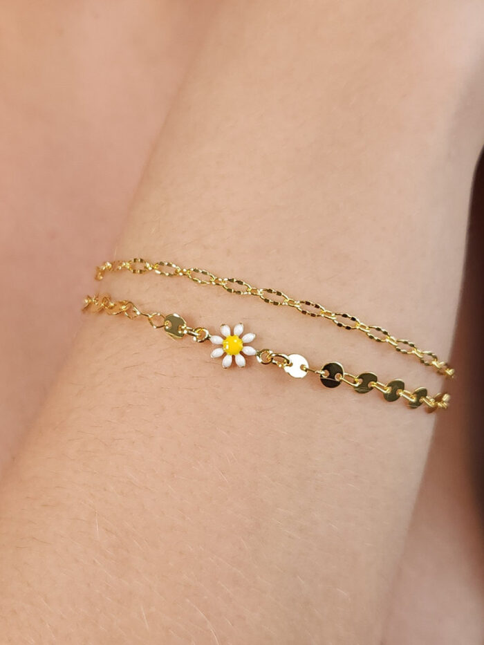 Pulseira dupla elo chapeado detalhe girassol