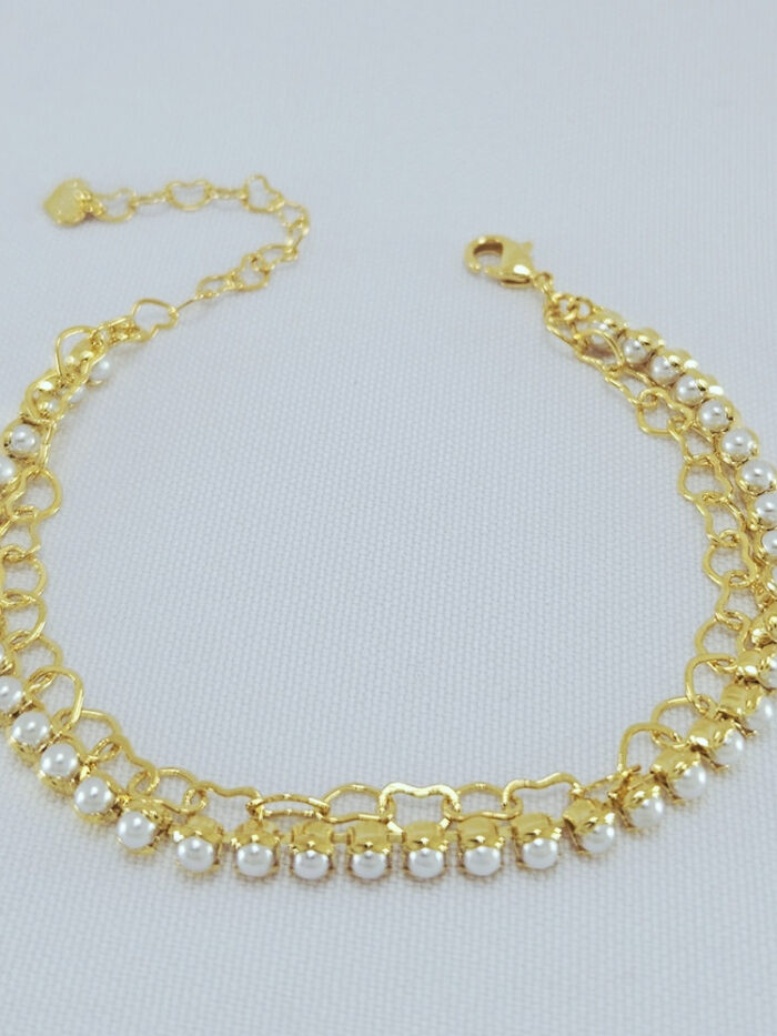 Pulseira dupla elos corações e pérolas
