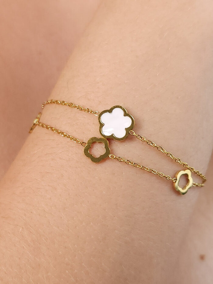 Pulseira dupla trevo branco e vazados