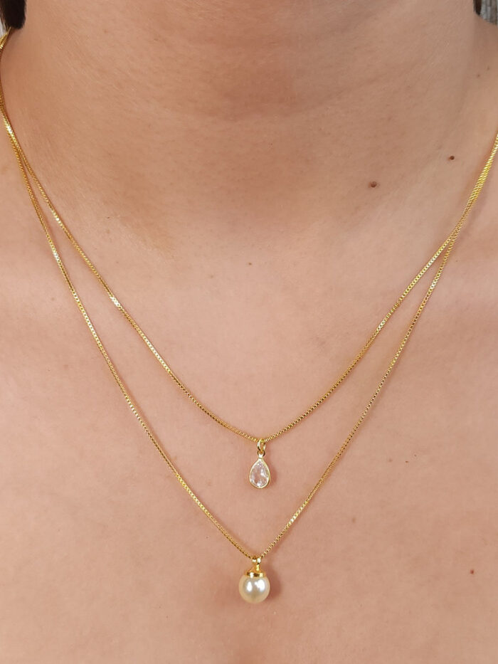 Gargantilha dupla gota cristal com pérola