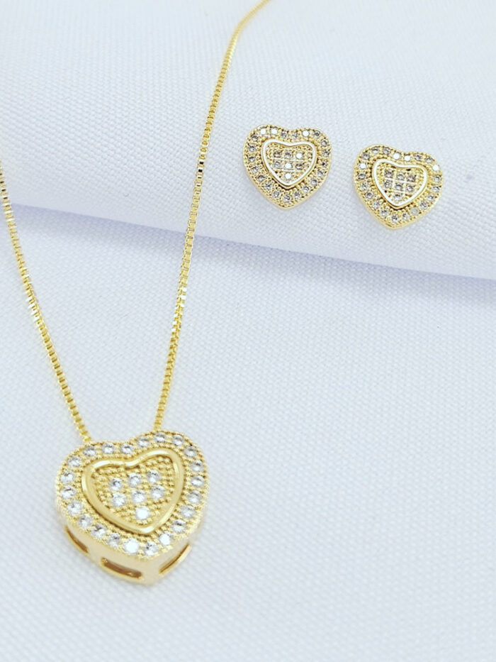 Conjunto coração duplo cravejado