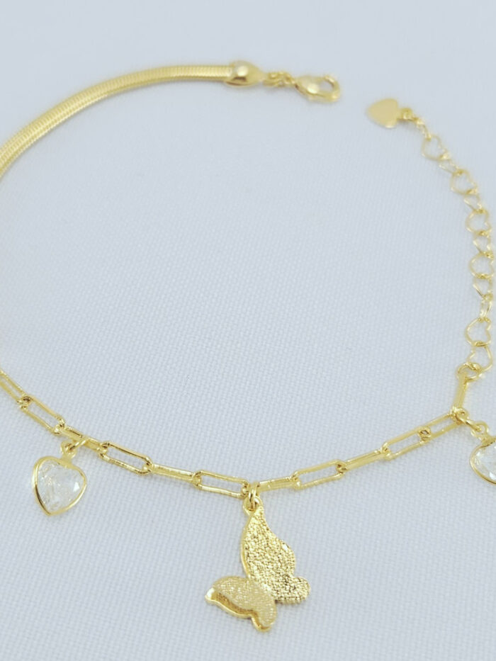 Pulseira elos cartier e lacraia com borboletas e corações cristal