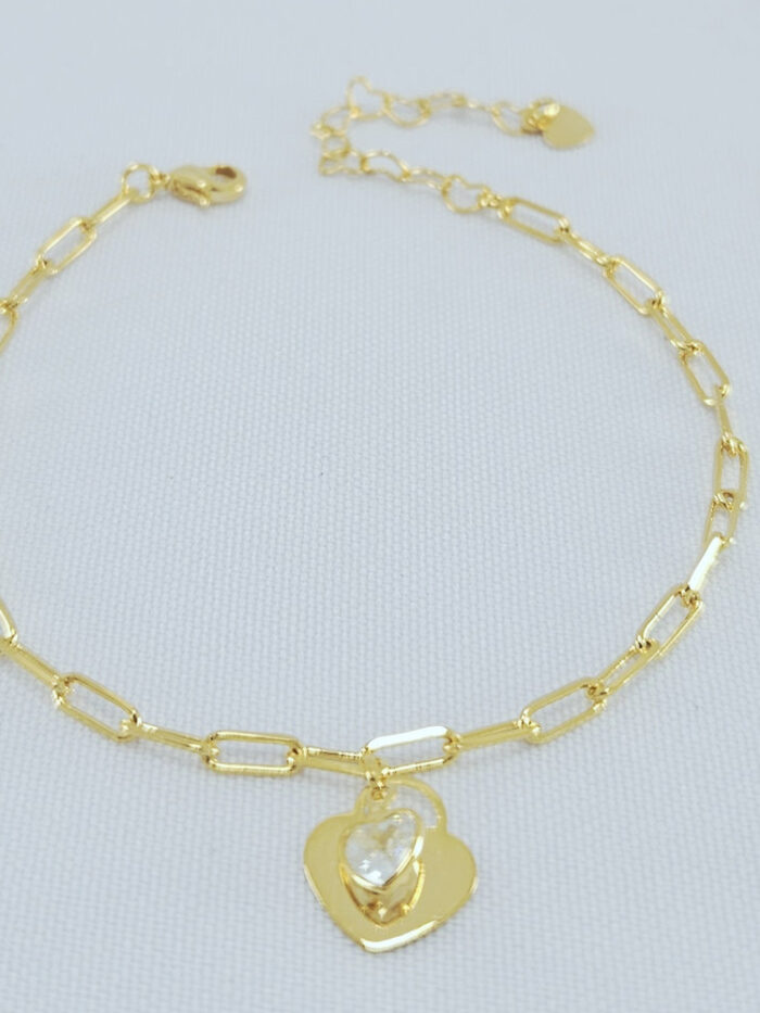 Pulseira cartier com pingentes corações liso e cristal