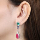 Brinco pêndulo colorido quadrado com cristal gota