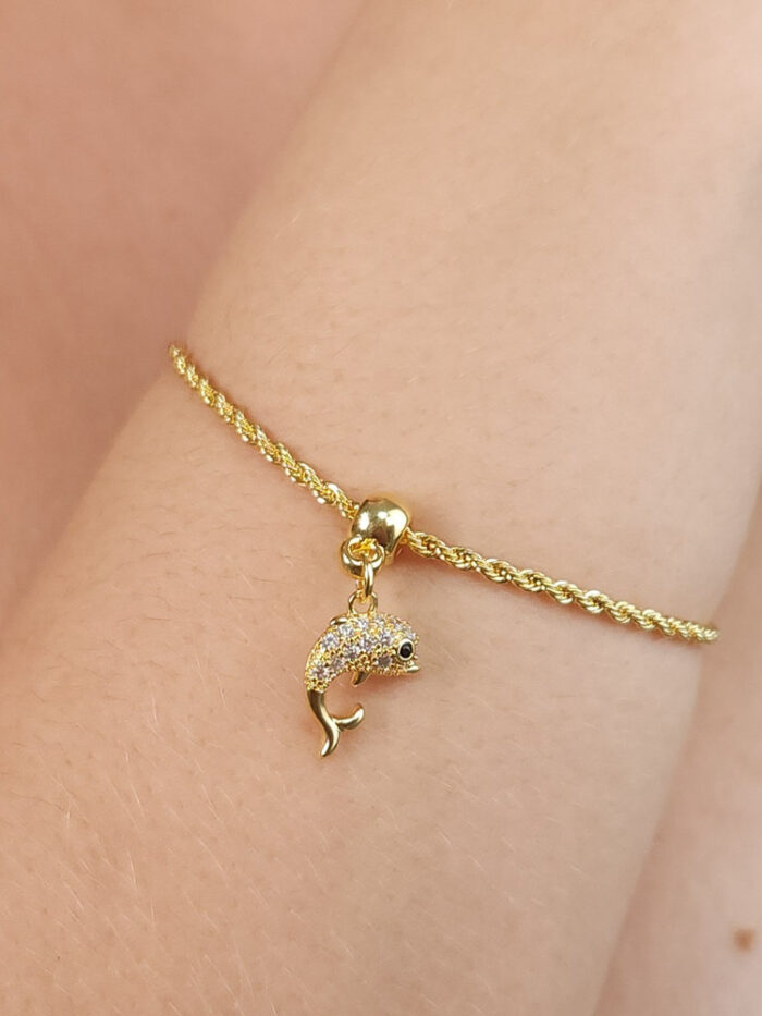 Pulseira baianinha pingente golfinho cravejado
