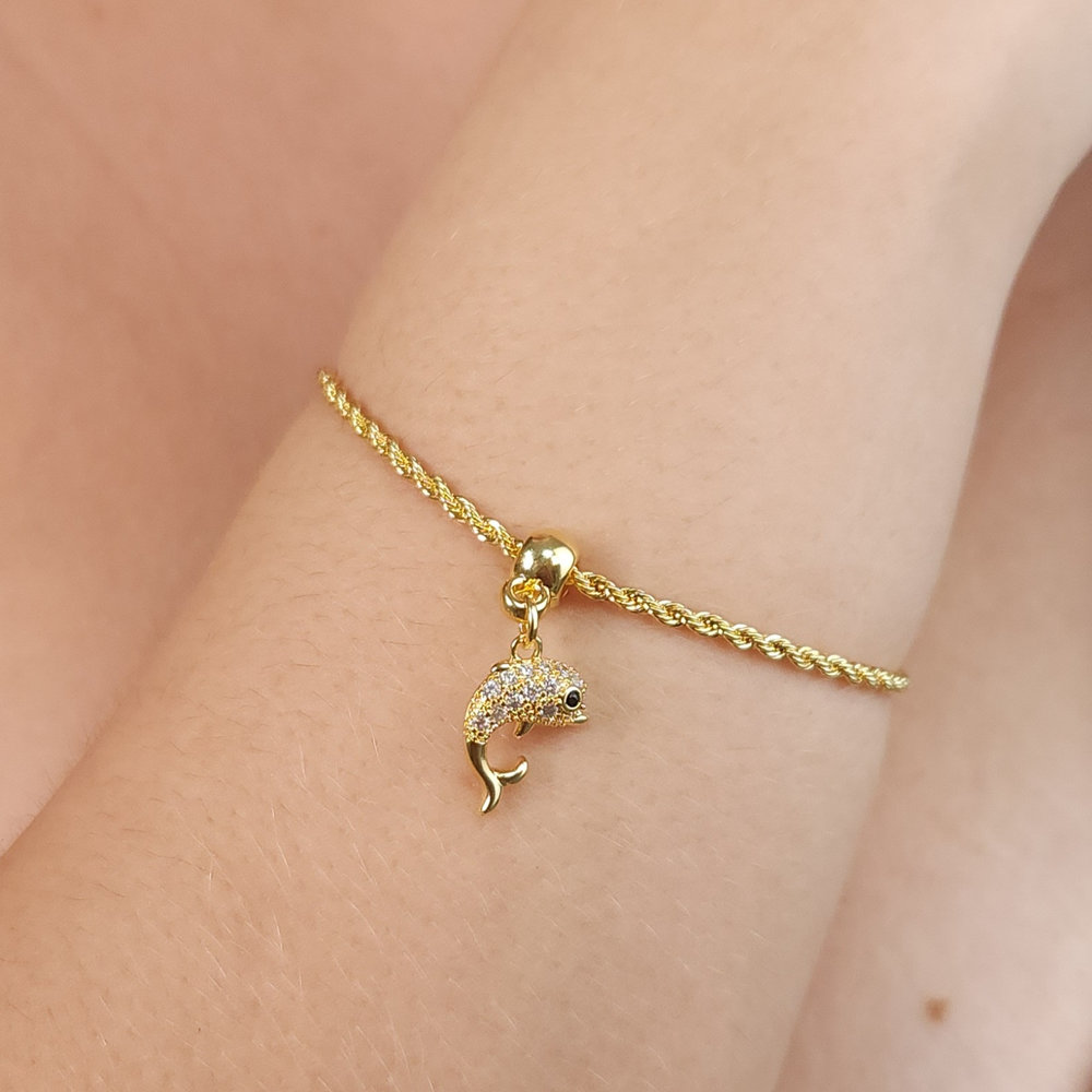 Pulseira baianinha pingente golfinho cravejado