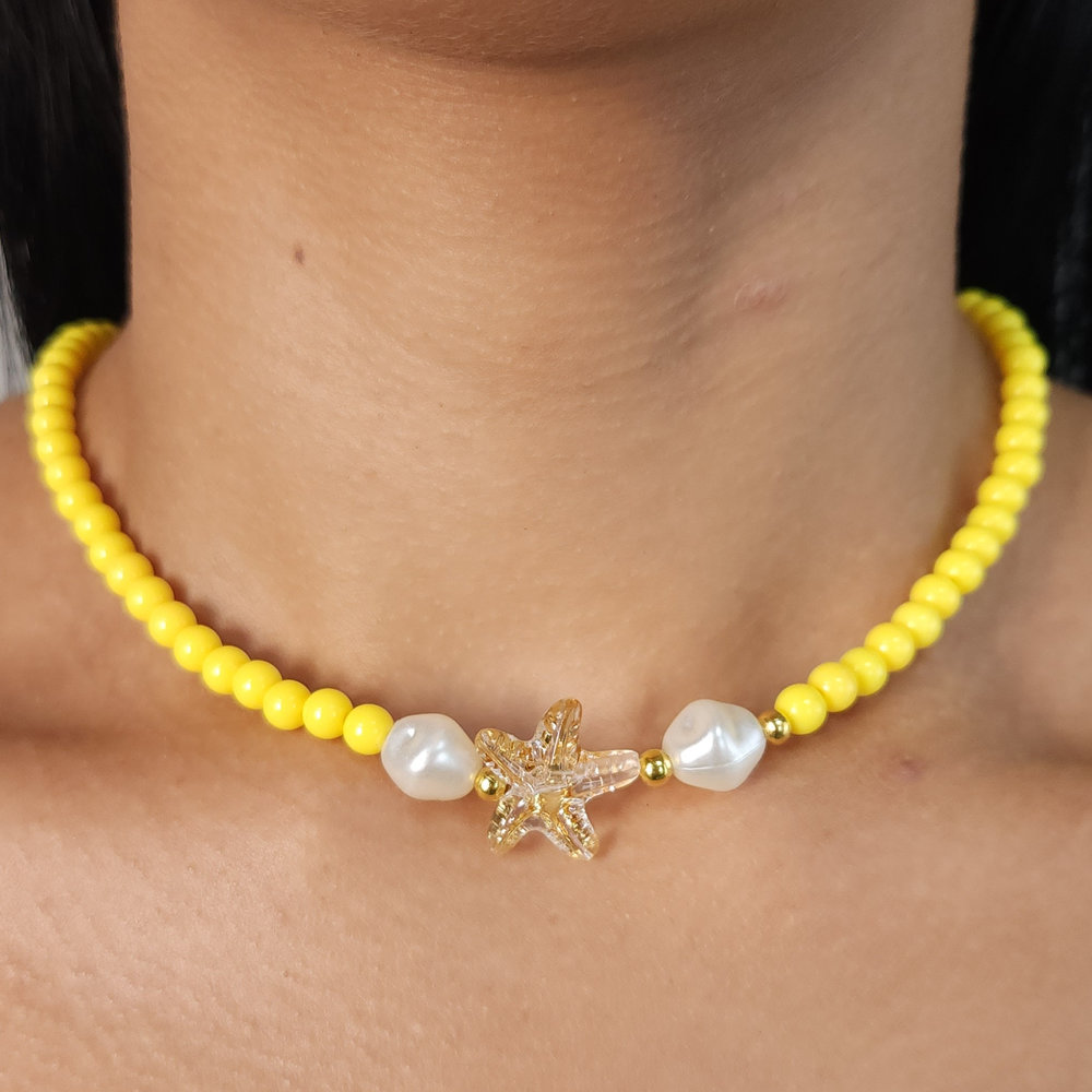 Cordão choker com pingente de estrela-do-mar e pérolas - Imagem 2
