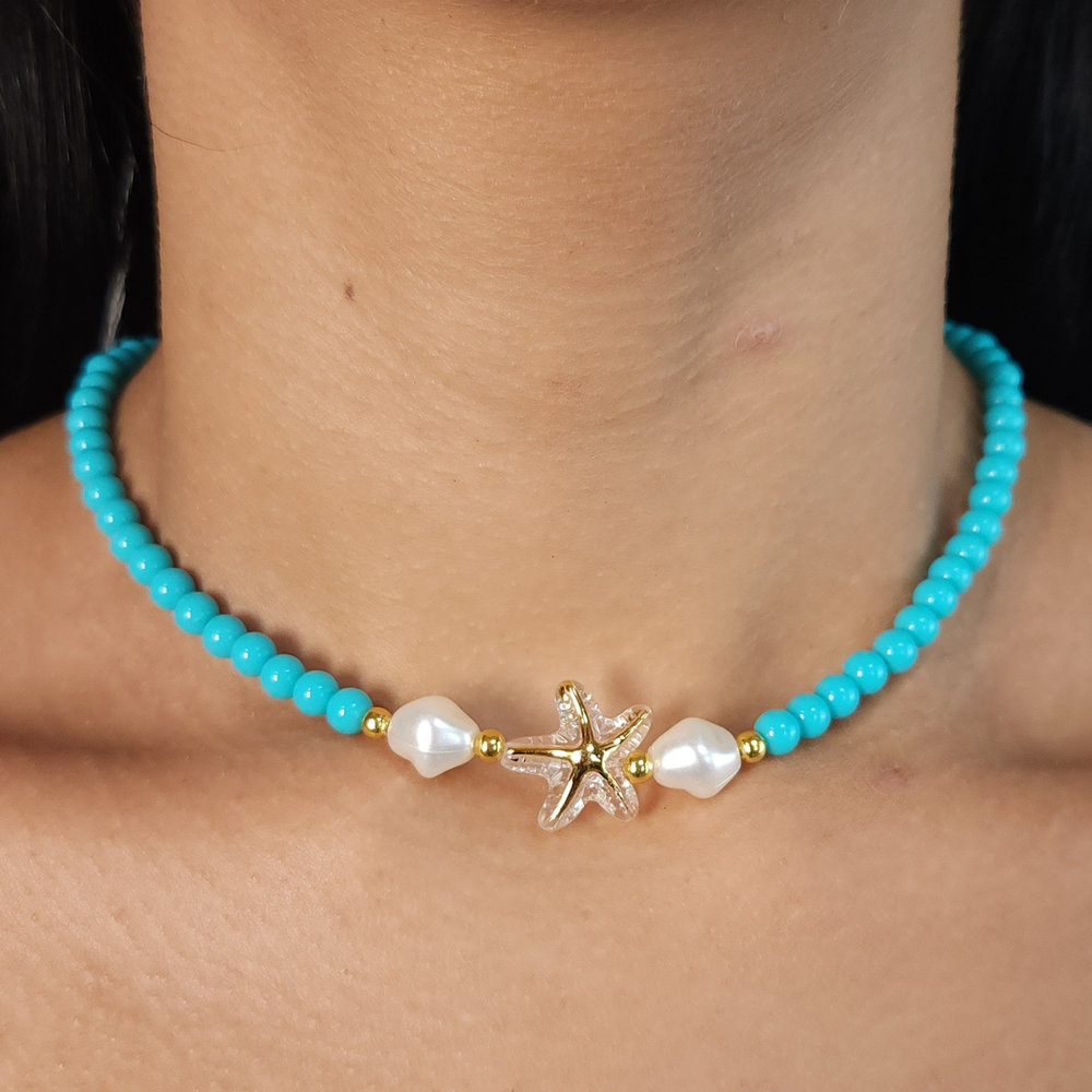 Cordão choker com pingente de estrela-do-mar e pérolas - Imagem 4