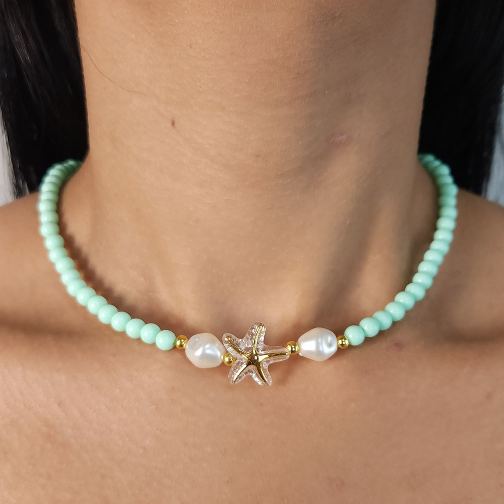 Cordão choker com pingente de estrela-do-mar e pérolas - Imagem 3