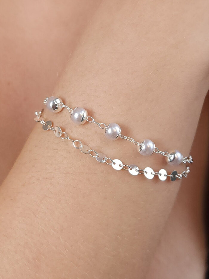 Pulseira dupla pérolas com elos redondos