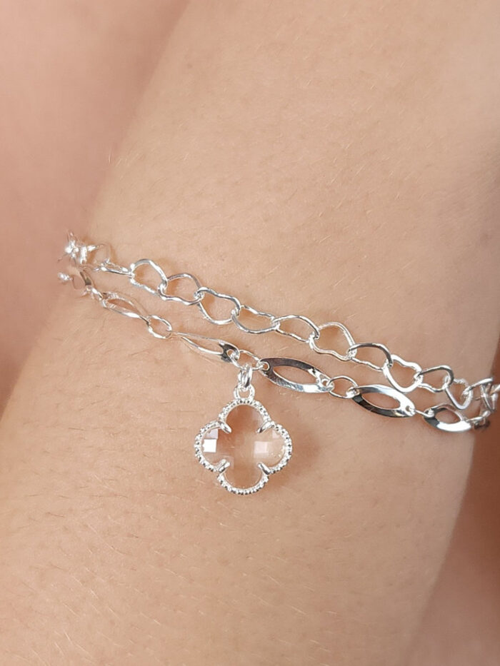 Pulseira dupla elos corações e ovais com trevo pêndulo