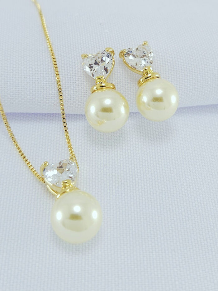 Conjunto base coração cristal com pérola