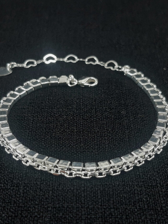 Pulseira dupla elos vazado e quadrados prateado