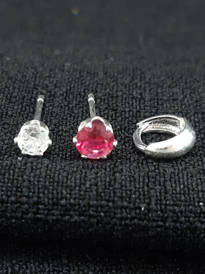 Trio de brincos ponto luz pedra rosa pink e argolinha