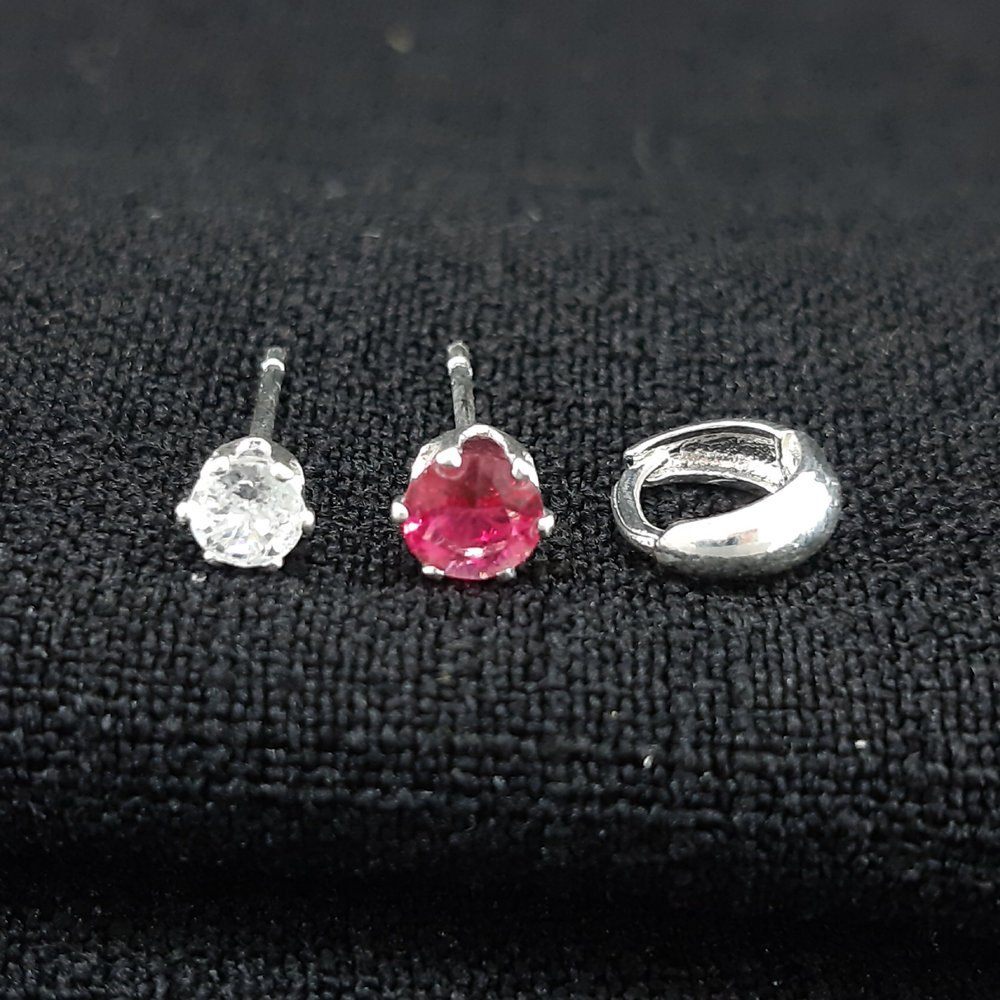 Trio de brincos ponto luz pedra rosa pink e argolinha